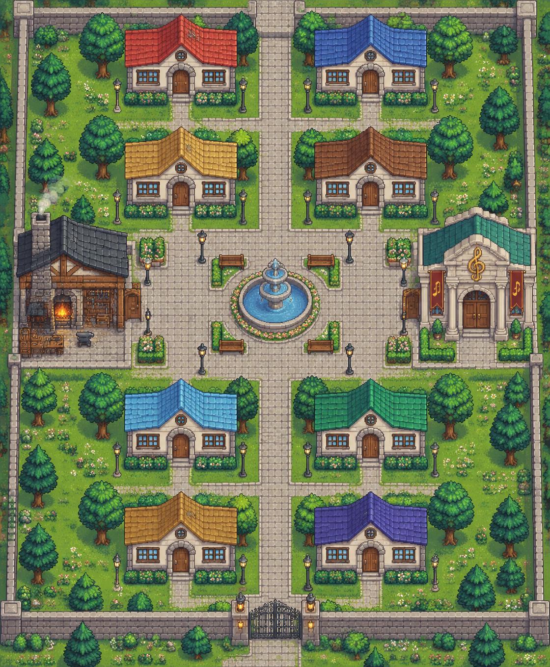 Mapa top-down pixel de The 67 Academy con ocho aulas alrededor de un patio central